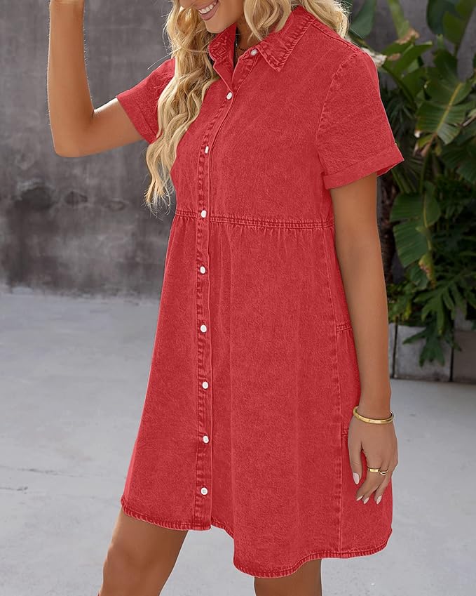 LookbookStore Women's Short Sleeve Button Down Flowy Tiered Babydoll Denim Dress