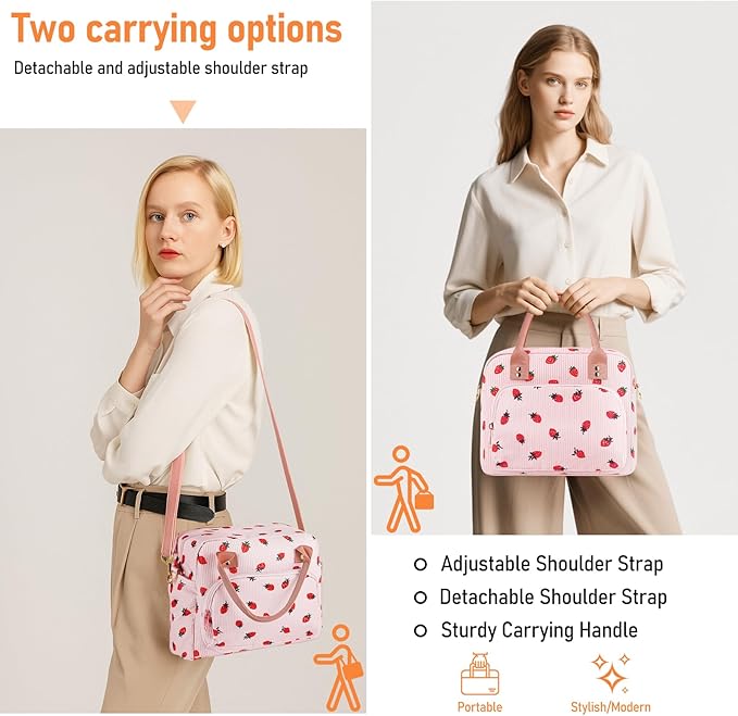 Lunch Bag Large Insulated Lunch Box for Women Adult Cute Pink Strawberry Lunchbox Corduroy Lunch Bags Boxes Pail with Shoulder Strap for Work Mom Picnic Office Travel 11.4×6.8×9.1 inches 11.5L