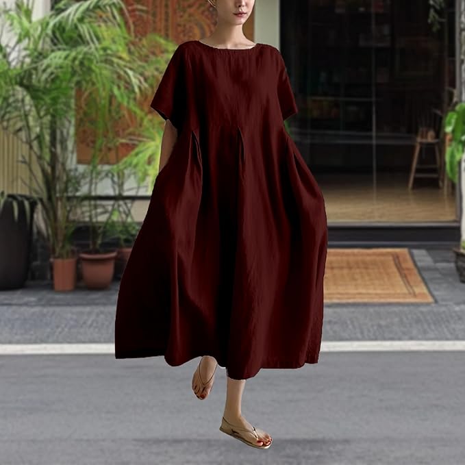 MARSVOVO Patchwork Flowy Dresses for Women Plus Size Loose Casual Tunic Dress Elegant Crewneck Maxi Dresses with Pockets