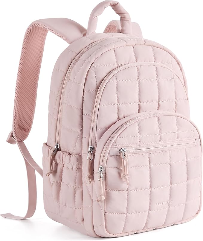 BAGSMART College Laptop Backpack, Travel Laptop Backpack for Women, Quilted Casual Daypack, Water-Resistant Bookbag for 15.6 Inch Laptop, Pink