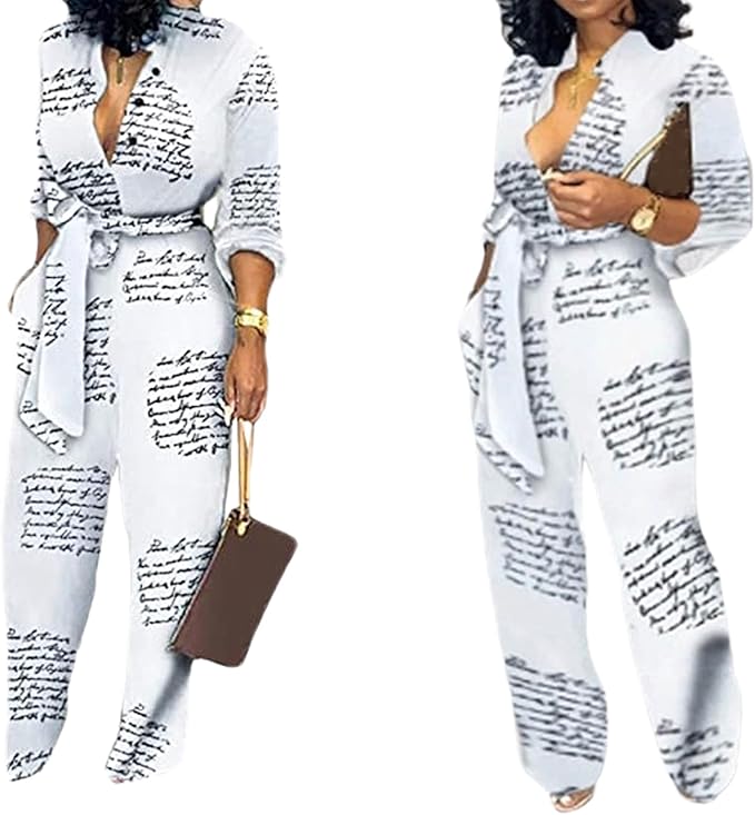 SeNight Women's Jumpsuits Elegant Business Casual Button Down V Neck Long Sleeve Strap Straight Long Pants With Pockets