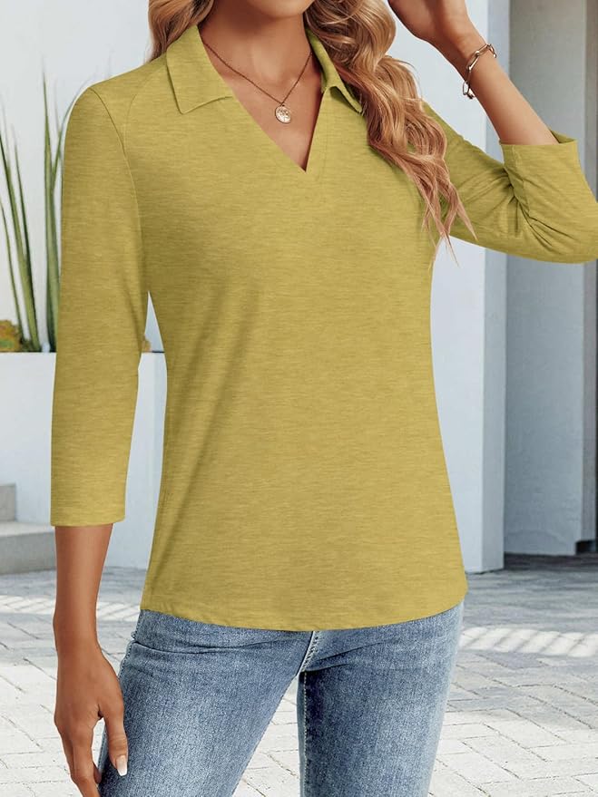 3/4 Length Sleeve Womens Tops Dressy Casual V Neck Polo Shirts Business Work Blouses 2025 Trendy Tunic Top