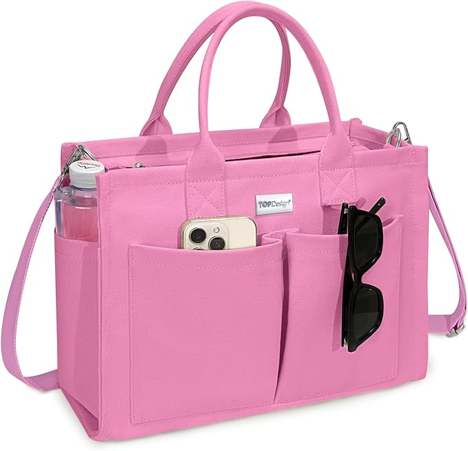TOPDesign Heavy-Duty Canvas Tote Bag for Women, Adjustable Crossbody/Shoulder Handbag with 9 Pockets, Everything Tote