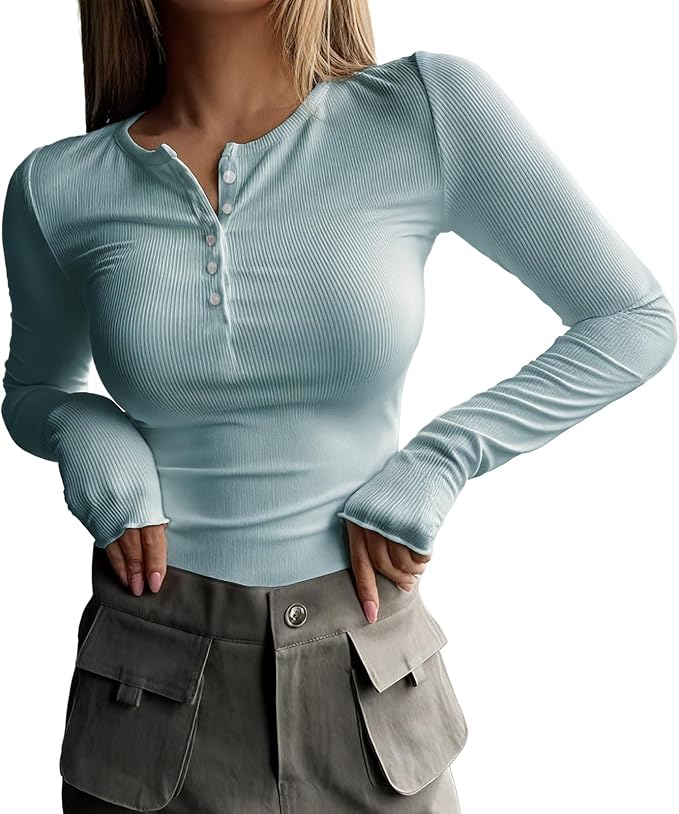 MARSVOVO Fashion Crop Tops for Women Scoop Neck Button Comfy Ribbed Slim Fit Cute Shirts Casual Party Fall Tops