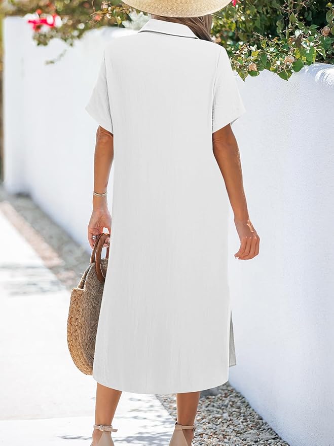 Zeagoo Women Dresses Summer Casual Short Sleeve Button Down Shirt Dresses 2025 Beach Cover Up with Pockets