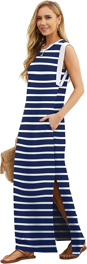 GRECERELLE 2026 Women Year-Round Casual Round Neck Loose Split Wrinkle-Free Long Maxi Vacation Dress with Pockets (XXS-4XL)