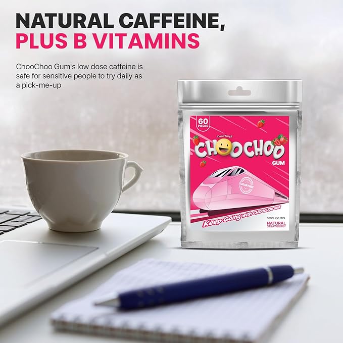 100% Xylitol Vitamin Gum | Sugar-Free, Natural Flavor | Energy Booster, Low Dose Caffeine for Sensitive Individuals | L-Theanine, Vitamin B Series | NO Artificial Flavor/Colors | 60 Count (Natural Strawberry, Natural Sweeteners)