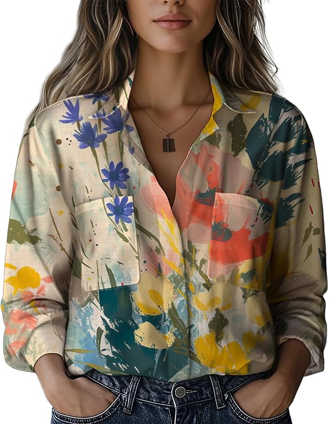 Boho Shirts for Women Vintage Graphic Casual Lightweight Long Sleeve Dressy Gauze V Neck Oversized Beach Top