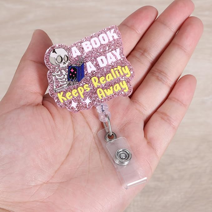 Funny Student Halloween Skull Badge Reel, A Book A Day Keeps Reality Away, Cute Retractable ID Card Librarian Badge Holder, Name Tag Work Badge Clip for Teacher Student Book Lovers Gifts