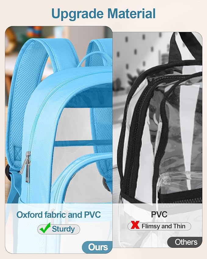 KIMNERPU Clear Backpack, Heavy Duty Transparent Bookbag for School, Fabric & PVC Transparent Backpack with Reinforced Strap for Women Men, Capacity Clear Bag for College, Sky Blue