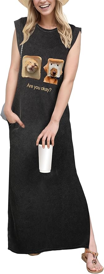 GRECERELLE 2026 Women Year-Round Casual Round Neck Loose Split Wrinkle-Free Long Maxi Vacation Dress with Pockets (XXS-4XL)