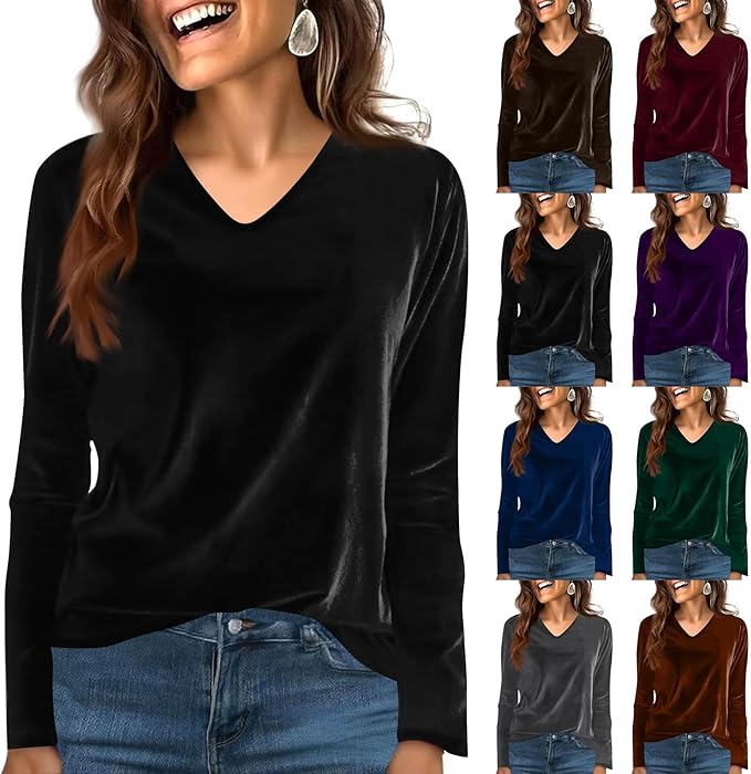 Velvet Tops for Women Dressy Casual V Neck Shirts Loose Fit Vintage Long Sleeve Velour Blouse Solid Holiday Party Outfits