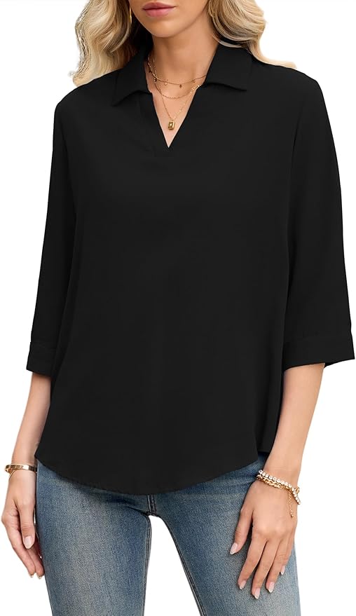 LOMON Womens 3/4 Sleeve Tops V Neck Cotton Linen Work Blouse Polo Shirts for Women Business Casual 2026