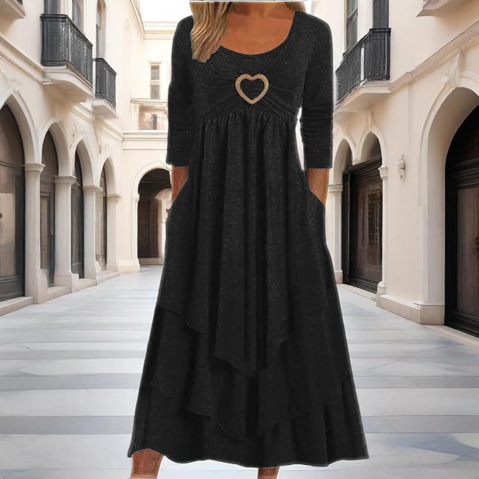 Winter Dresses for Women Wedding Guests Casual Cute Heart Long Sleeve Tiered Maxi Dress with Pockets Plus Size