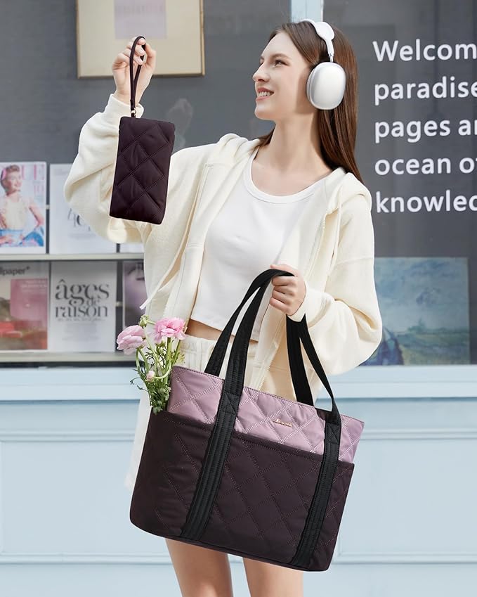LOVEVOOK Puffer Tote Bag for Women, Puffy Work Handbag, Travel Shoulder Carry On Bag with Zipper for Teacher Nurse Gym