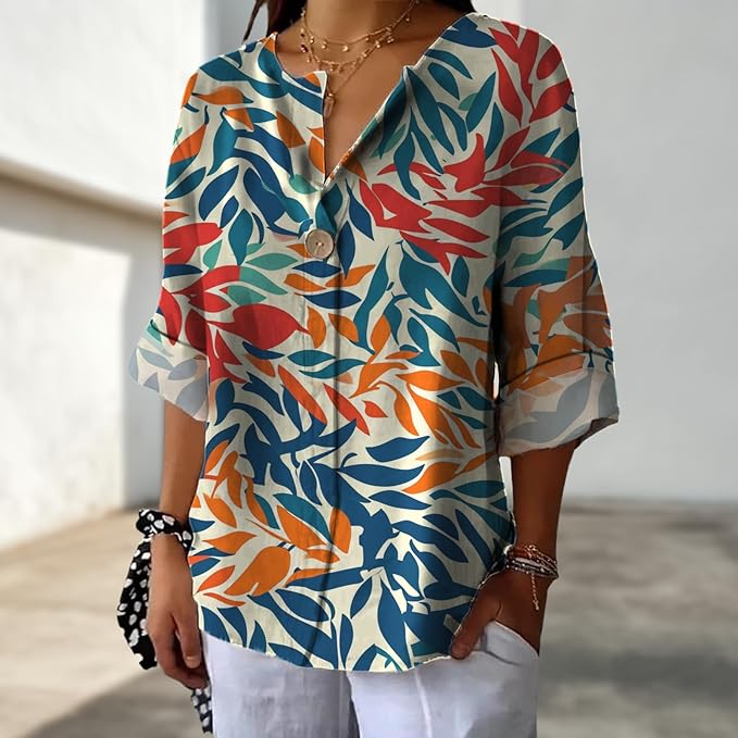 Long Sleeve Shirts for Women V Neck Button Boho Graphic Blouses Casual Collared Fashion Summer Flowing Tops