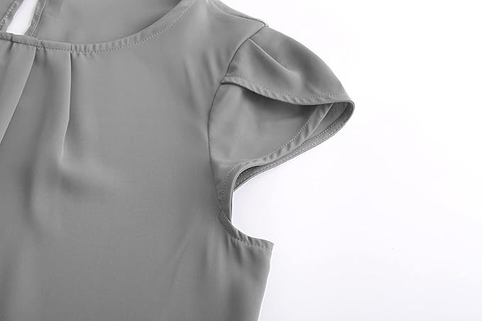 TASAMO Women's Casual Round Neck Basic Pleated Top Cap Sleeve Curved Keyhole Back Chiffon Blouse
