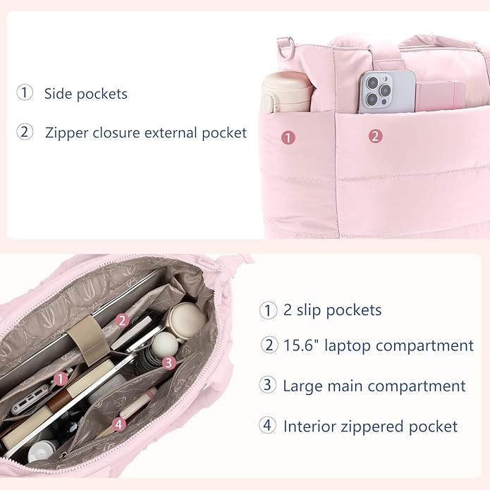 Tote Bag for Women Puffer Tote Bag Large Nurse Bags Shoulder Handbag with Zipper for Work Travel