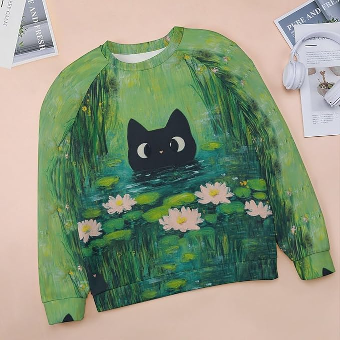 Spatofa Womens novelty funny cat printed crewneck sweatshirt casual loose long sleeve graphic pullover sweatshirts tops