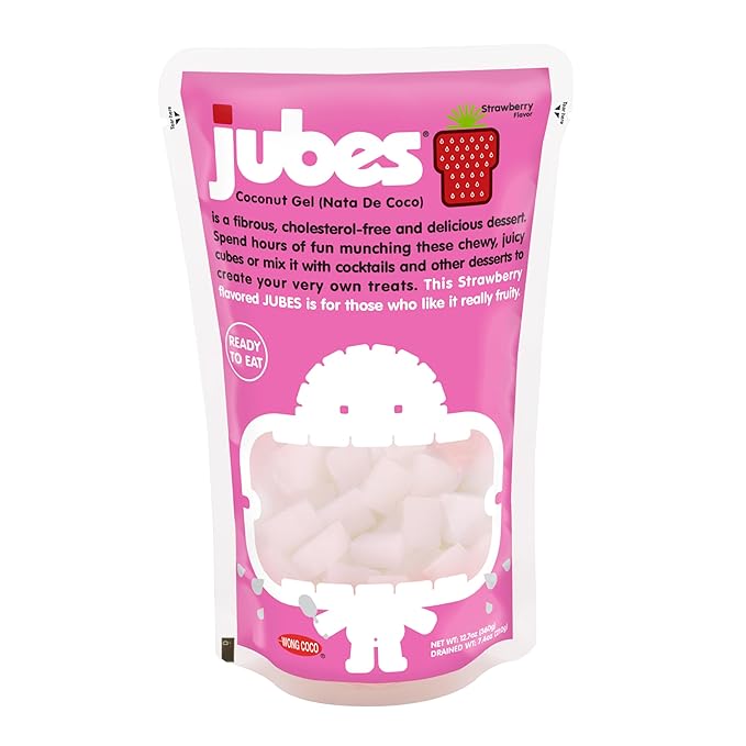 Jubes Strawberry Nata De Coco Jelly Cubes (12.7 oz, Pack of 6) - Strawberry Coconut Jelly Cubes for Sago - Coconut Gel in Syrup Toppings for Fruit Tea, Boba, Bubble Tea, Drinks, Desserts Yogurt, Ice Cream, Beverage