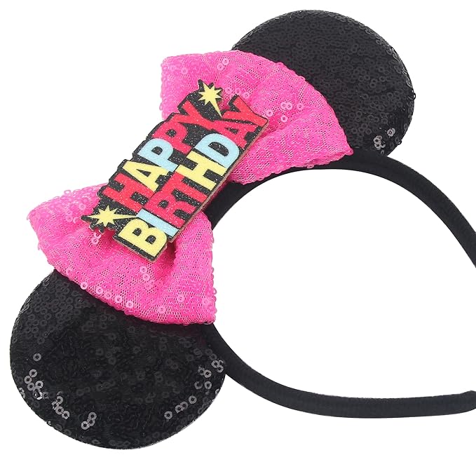 bianbaistar Mouse Ears Headband for Women, Girls & Boys - Velvet Hair Bow Headwear with Sparkle Sequins & Big Ears - Black, Pink - Trip Essentials
