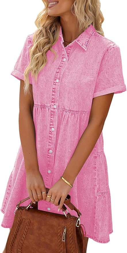 LookbookStore Women's Short Sleeve Button Down Flowy Tiered Babydoll Denim Dress