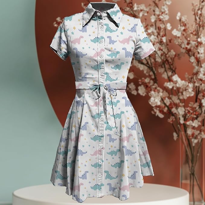 MARSVOVO Cute T Shirt Dress for Women Short Sleeve Button Up Tie Waist Elegant Casual Collared Smocked Midi Dress