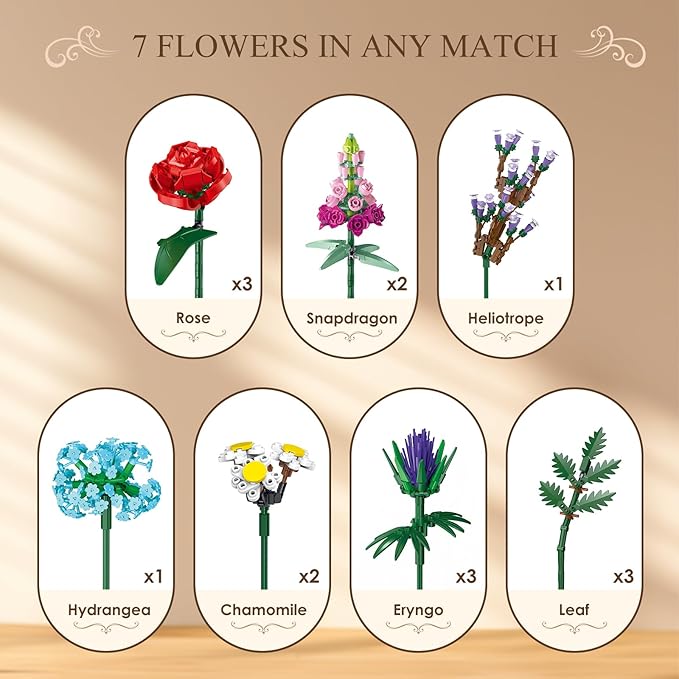 Dexblocks 1000 Pcs Flower Bouquet Building Kit,Artificial Flower Bouquet Kit for Adults, Botanical Collection Home Decor, for Women and Girls,Anniversaries and Christmas Ideal Gift