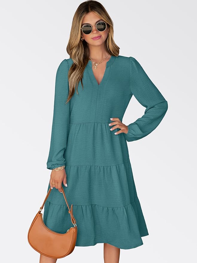 ANRABESS Womens Fall Midi Dresses Long Sleeve V Neck Swing Tiered Work Business Casual 2026 Flowy Beach Vacation Dress