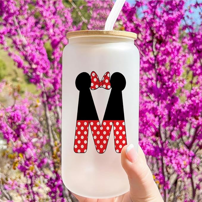 Cute Cartoon Mouse Lover Gifts Initial A-Z Personalized Iced Coffee Cup Magic Mouse Stuff Wizard Gift 16oz Glass Cup with Lid and Straws Birthday Christmas Gifts for Women Teen Girls (Letter M)