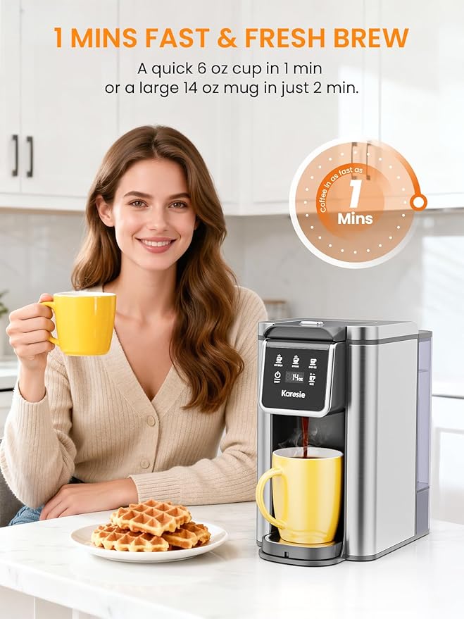 Karosie K Cup Coffee Maker with Strong Brew Setting, 50oz Removable Tank, 6-14 oz Brew Sizes Hot & Iced Coffee Machine for K-Cup and Grounds, Descaling Reminder, Stainless Steel,Black
