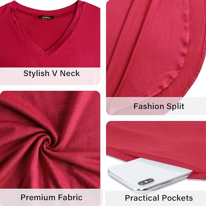 Arolina Women's Summer Maxi Dress Short Sleeve V Neck Casual Loose Long Beach Split Dresses with Pockets