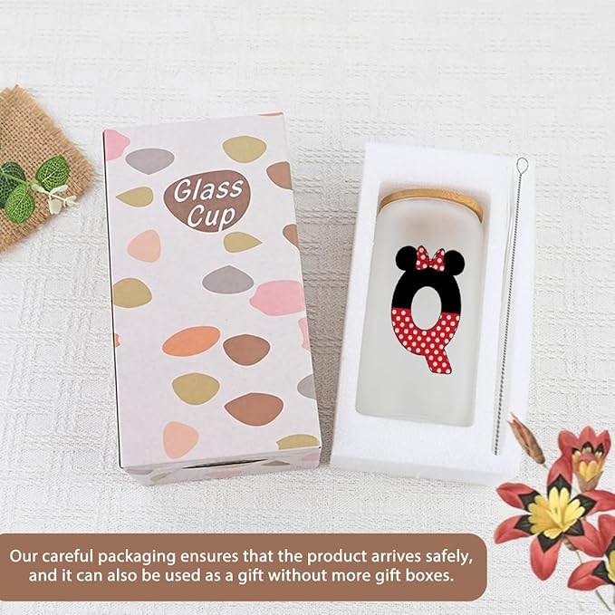 Cute Cartoon Mouse Lover Gifts Initial A-Z Personalized Iced Coffee Cup Magic Mouse Stuff Wizard Gift 16oz Glass Cup with Lid and Straws Birthday Christmas Gifts for Women Teen Girls (Letter Q)