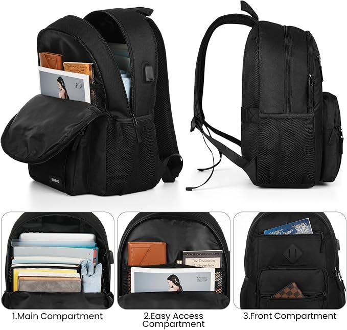 Black Backpack for Men and Women, Backpack for School Teens Boys and Girls, Lightweight Casual High School Bookbag, Daily-use Travel Laptop Backpack with USB Charging Port Fits 15.6 Inch Notebook
