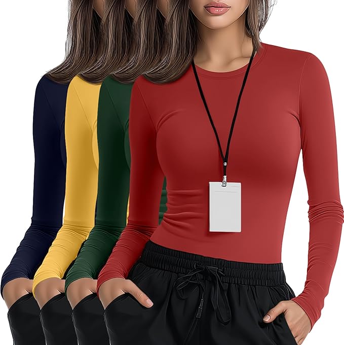 4 Pack Women's Underscrub Shirts Nurse Undershirts Long Sleeve Crewneck Slim Fit Tops Soft Stretchy Basic Tee