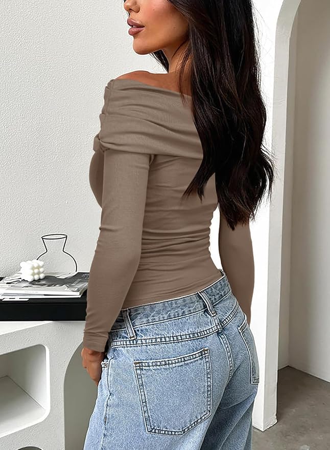 Darong Women's Off Shoulder Tops Y2K Shirt Slim Fit Ruched Crop Top Long Sleeves Spring Fall Blouse Going Out Shirt