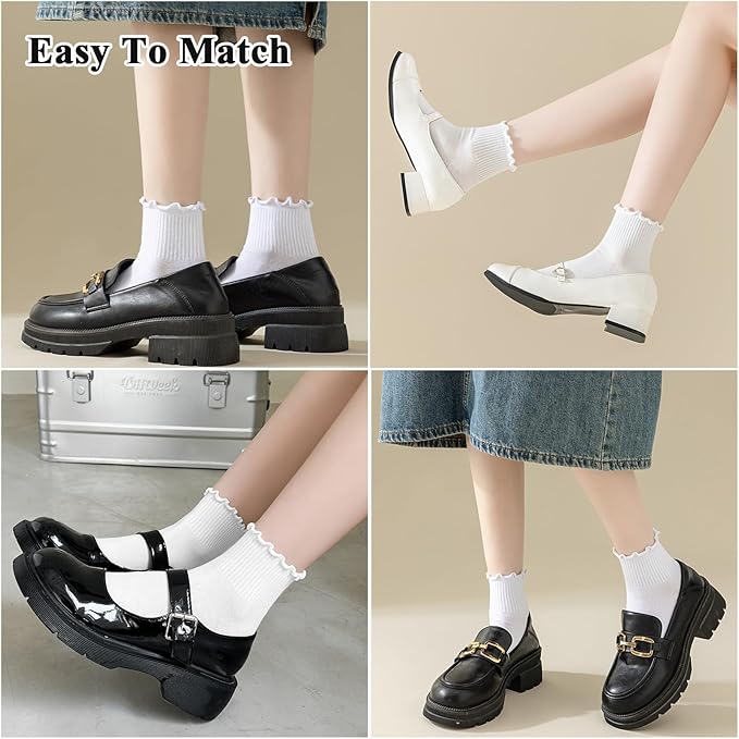 BIVOLU Womens Ankle Socks Ruffle Cotton Cute Frilly Trim Breathable Ankle Ruffled Socks 6 Pack