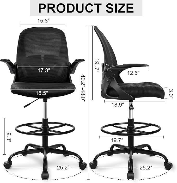 Primy Drafting Chair Tall Office Chair with Flip-up Armrests Executive Ergonomic Computer Standing Desk Chair with Lumbar Support and Adjustable Footrest Ring (Black)