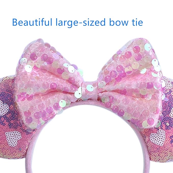 WW-WONDERFULWORLD Exquisite Big Ears Headbands with Bow & Shiny Sequins & Snowflake, for Cartoon Princess Costume Cosplay Glitter Party, Pink; 1MF