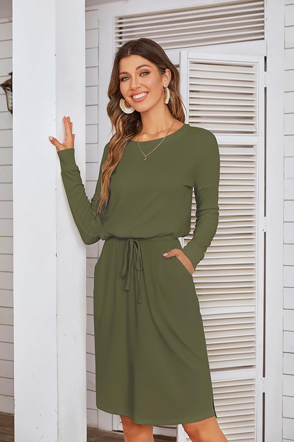 Simier Fariry Womens Spring Hide Belly Knee Length Travel Dress Pocket Summer Short Sleeve Midi Work Casual Outfits