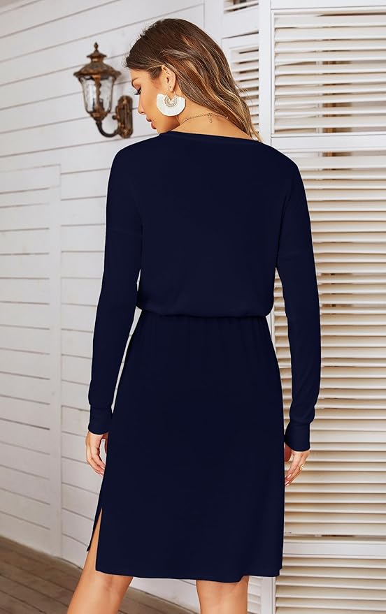 Simier Fariry Womens Spring Hide Belly Knee Length Travel Dress Pocket Summer Short Sleeve Midi Work Casual Outfits