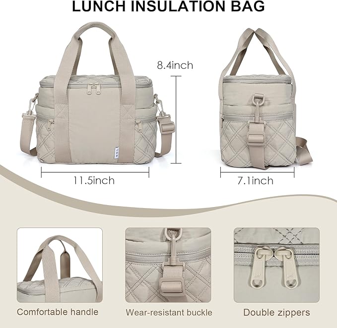 NOL Natural Organic Lifestyle Women's Nylon Lunch Cooler Cute Quilted Lunch Bag Large Leakproof Insulated Lunch Tote Bag for Work Picnic Travel,Khaki