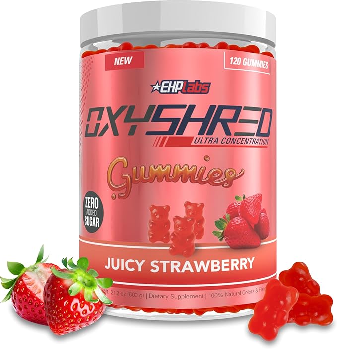 EHP Labs OxyShred Gummies - Pre Workout Gummies & Energy Chews with 100mg Caffeine, L-Carnitine for Thermo & Metabolic Support, All Natural Energy Boost - Strawberry Flavor – 60 Servings