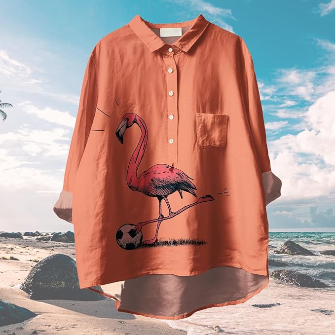 Womens Boho Tops 3/4 Long Sleeve Floral Blouses Hawaii Beach Button Down Shirts V Neck Pullover Casual Tunics