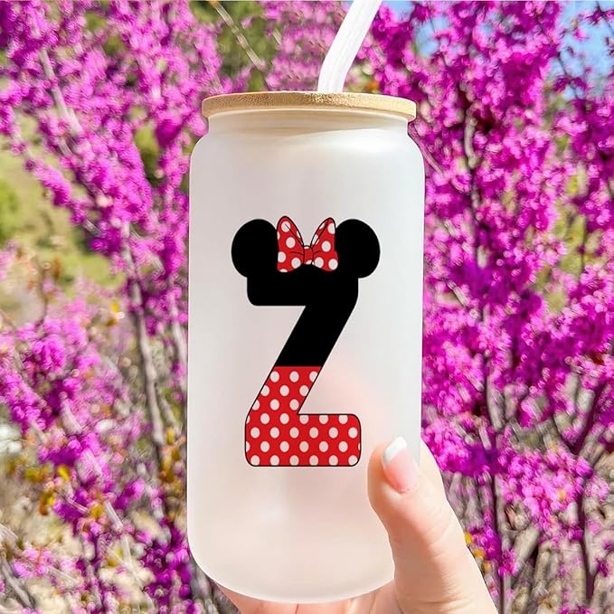 Cute Cartoon Mouse Lover Gifts Initial A-Z Personalized Iced Coffee Cup Magic Mouse Stuff Wizard Gift 16oz Glass Cup with Lid and Straws Birthday Christmas Gifts for Women Teen Girls (Letter Z)