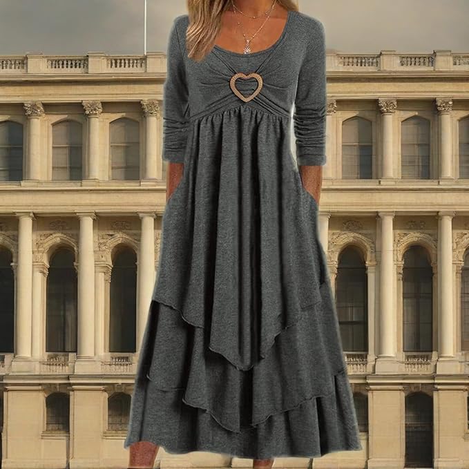 Winter Dresses for Women Wedding Guests Casual Cute Heart Long Sleeve Tiered Maxi Dress with Pockets Plus Size