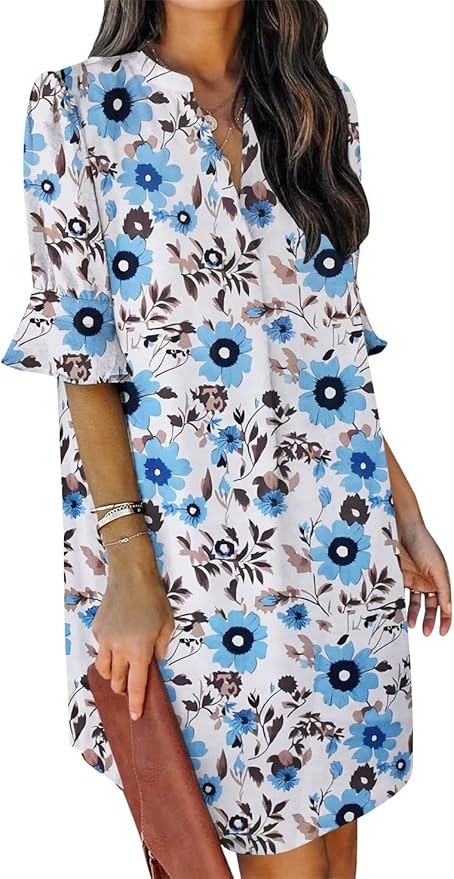 QACOHU Summer Dresses for Women V Neck Ruffle Short Sleeve Casual Shift Dress
