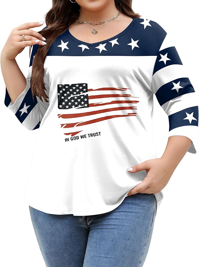 TFSDOD Womens Plus Size Tops V Neck T Shirts 3/4 Sleeve Blouse Summer Casual Tees XL-5X