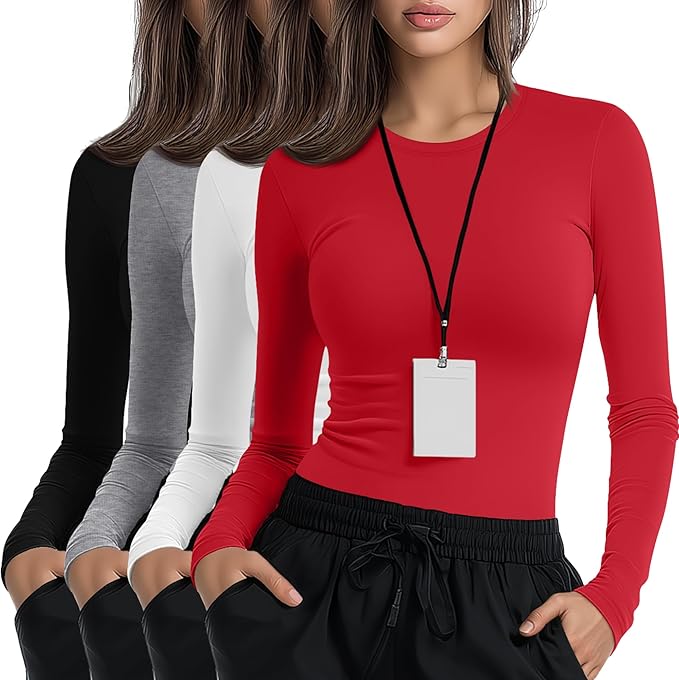4 Pack Women's Underscrub Shirts Nurse Undershirts Long Sleeve Crewneck Slim Fit Tops Soft Stretchy Basic Tee