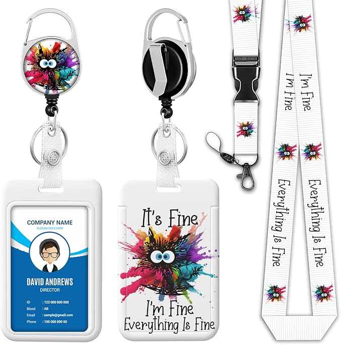 ID Badge Holder Funny Black Cat Badge Reel Retractable Heavy Duty Detachable Name Tag Clips Color Cute Cat Lanyard Reel I'm Fine Everything is Fine Lanyards for Badges Kids Nurse Teacher Office Gifts